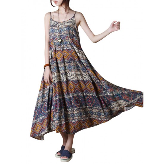 Bohemian Women Random Floral Printed Sleeveless Spaghetti Strap Maxi Dresses