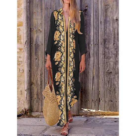 Bohemian Women V Neck Floral Print Beach Holiday Split Maxi Dress