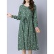 Casual Women Cotton Floral Printed Loose Long Sleeve O-Neck Dress