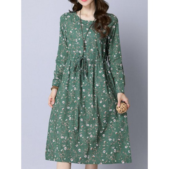 Casual Women Cotton Floral Printed Loose Long Sleeve O-Neck Dress