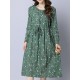 Casual Women Cotton Floral Printed Loose Long Sleeve O-Neck Dress