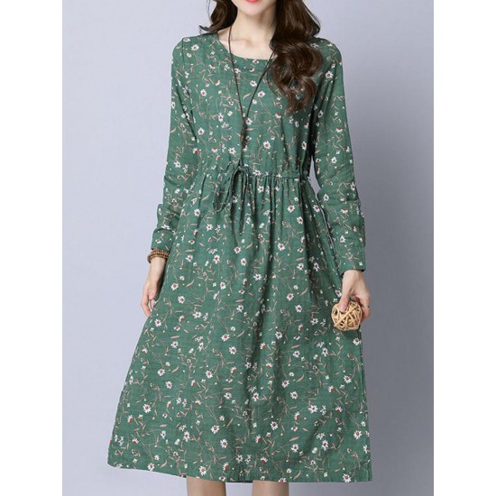 Casual Women Cotton Floral Printed Loose Long Sleeve O-Neck Dress