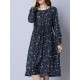 Casual Women Cotton Floral Printed Loose Long Sleeve O-Neck Dress