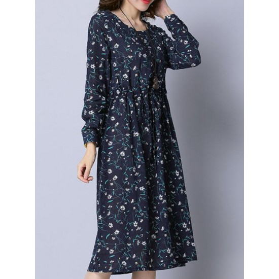 Casual Women Cotton Floral Printed Loose Long Sleeve O-Neck Dress