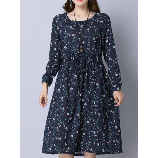 Casual Women Cotton Floral Printed Loose Long Sleeve O-Neck Dress