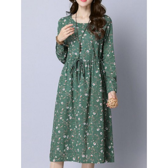 Casual Women Cotton Floral Printed Loose Long Sleeve O-Neck Dress