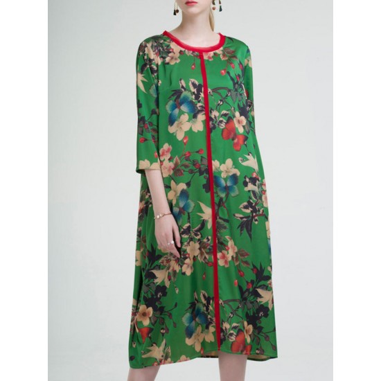 Casual Women Floral Printed O-Neck 3/4 Sleeve Dress