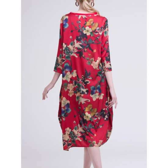 Casual Women Floral Printed O-Neck 3/4 Sleeve Dress