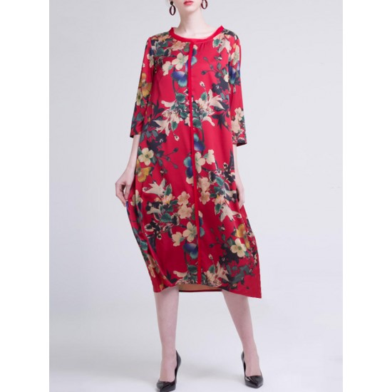 Casual Women Floral Printed O-Neck 3/4 Sleeve Dress