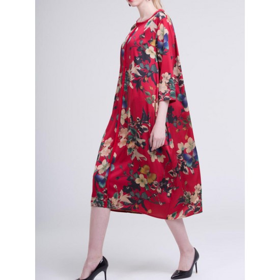 Casual Women Floral Printed O-Neck 3/4 Sleeve Dress