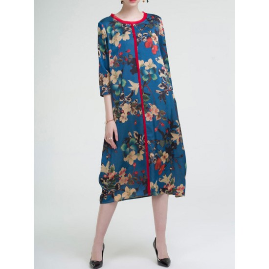 Casual Women Floral Printed O-Neck 3/4 Sleeve Dress