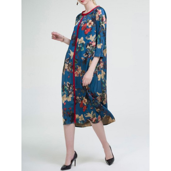 Casual Women Floral Printed O-Neck 3/4 Sleeve Dress