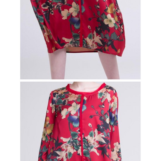 Casual Women Floral Printed O-Neck 3/4 Sleeve Dress