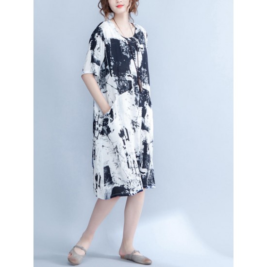 Casual Women Printed Half Sleeve Pocket Tunic Dress