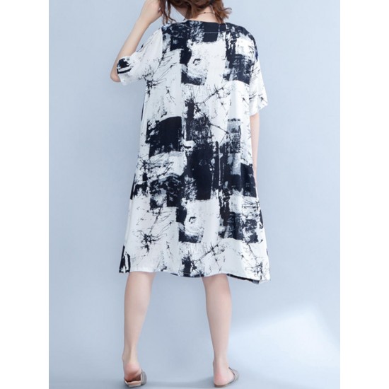 Casual Women Printed Half Sleeve Pocket Tunic Dress