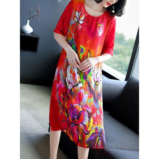 Elegant Art Print Short Sleeve Dress For Women