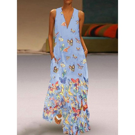 Elegant Butterfly Print Bohemian V-neck Sleeveless Maxi Dress