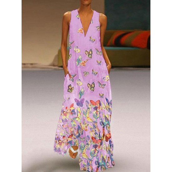 Elegant Butterfly Print Bohemian V-neck Sleeveless Maxi Dress