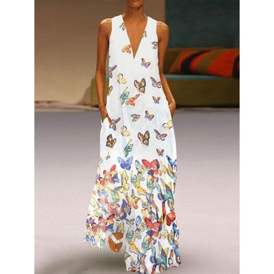 Elegant Butterfly Print Bohemian V-neck Sleeveless Maxi Dress