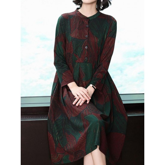 Elegant Floral Print Button Stand Collar Long Sleeve Dress