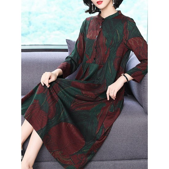 Elegant Floral Print Button Stand Collar Long Sleeve Dress