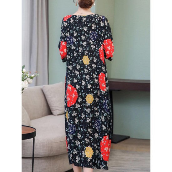 Elegant Floral Print Crew Neck 3/4 Sleeve Loose Hem Dress