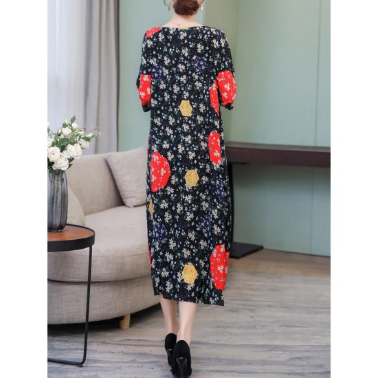 Elegant Floral Print Crew Neck 3/4 Sleeve Loose Hem Dress