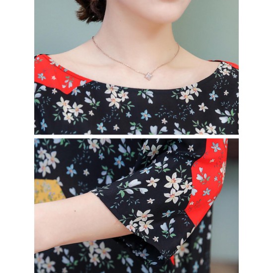 Elegant Floral Print Crew Neck 3/4 Sleeve Loose Hem Dress