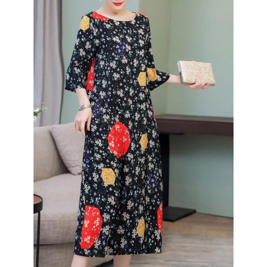 Elegant Floral Print Crew Neck 3/4 Sleeve Loose Hem Dress