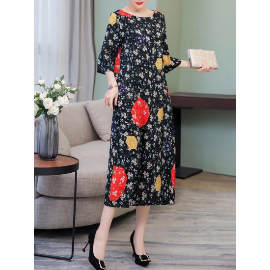 Elegant Floral Print Crew Neck 3/4 Sleeve Loose Hem Dress