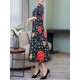 Elegant Floral Print Crew Neck 3/4 Sleeve Loose Hem Dress