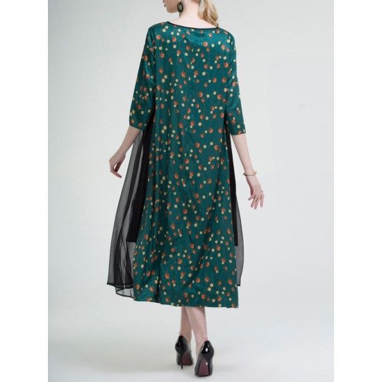 Elegant Women Printed V-Neck Mesh Stitching Swing Dress