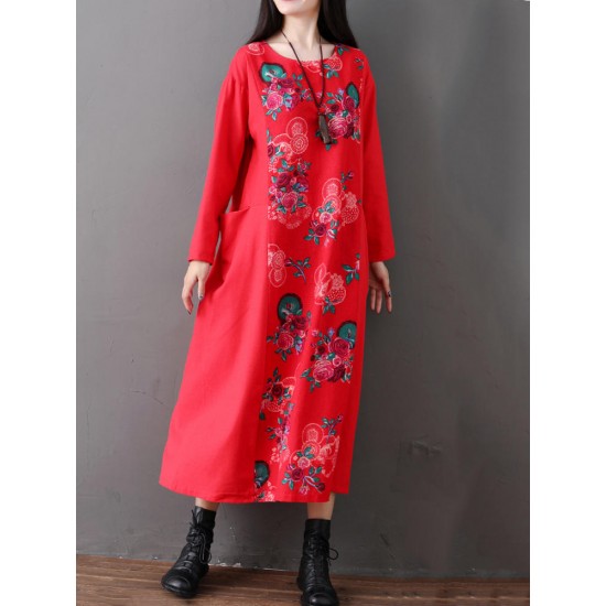 Folk Style Print Patchwork O-neck Long Sleeve Dress