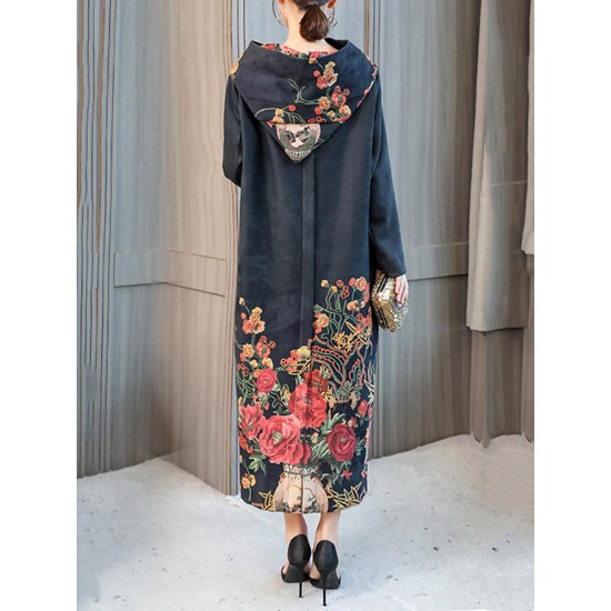 Vintage Floral Print High Collar Hooded Long Sleeve Dress