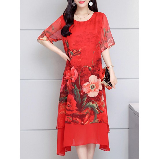Vintage Short Sleeve Double Layered Loose Floral Dress