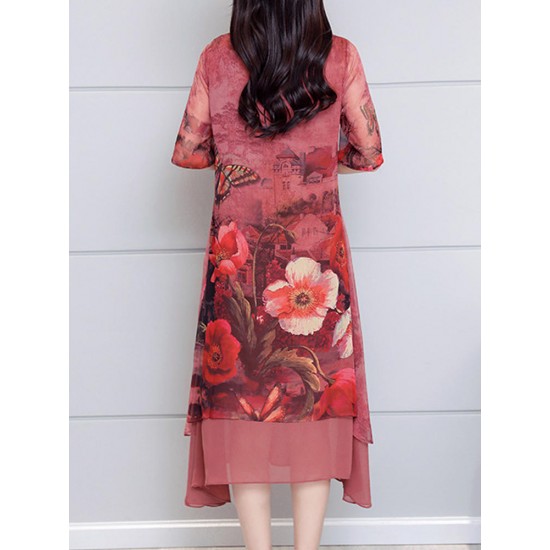 Vintage Short Sleeve Double Layered Loose Floral Dress