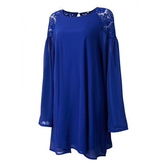 Casual Lace Chiffon Lantern Sleeve Backless Mini Dress For Women