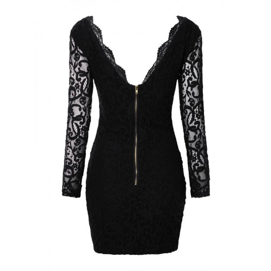 Deep V Lace Back Gold Zips Slim Long Sleeve Women Dress