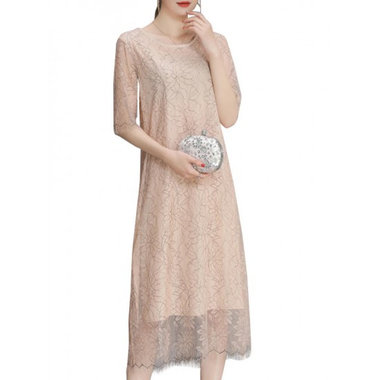 Elegant Lace Hollow Out Half Sleeve Slim Dress For Women