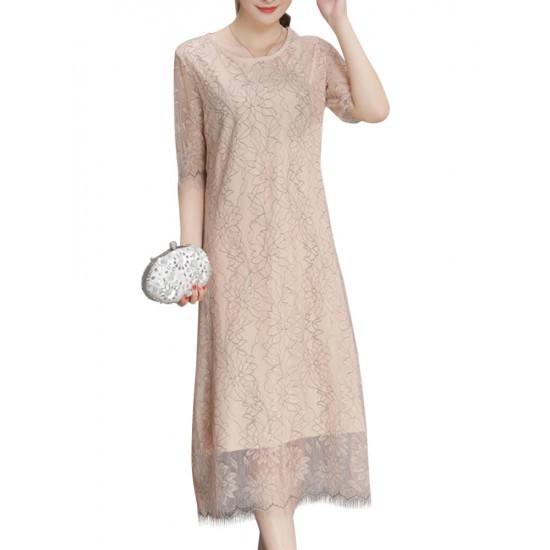 Elegant Lace Hollow Out Half Sleeve Slim Dress For Women