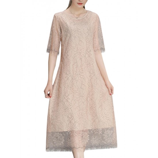 Elegant Lace Hollow Out Half Sleeve Slim Dress For Women