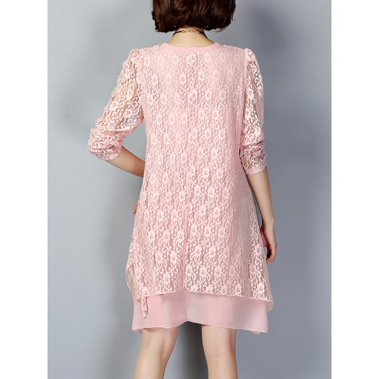 Elegant Long Sleeve O-Neck Lace Hollow Loose Women Dress