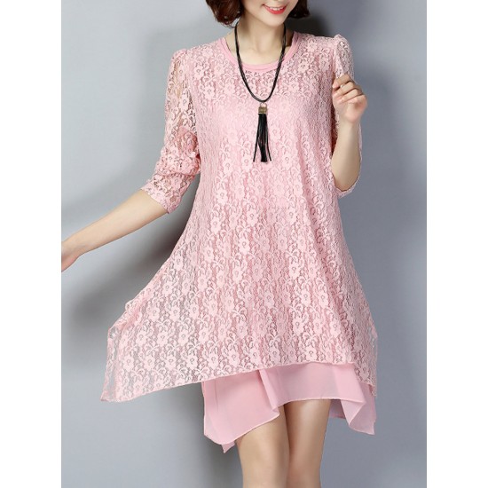 Elegant Long Sleeve O-Neck Lace Hollow Loose Women Dress