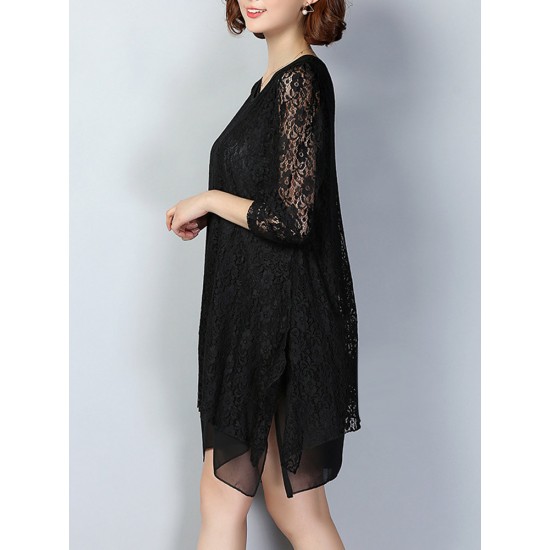 Elegant Long Sleeve O-Neck Lace Hollow Loose Women Dress