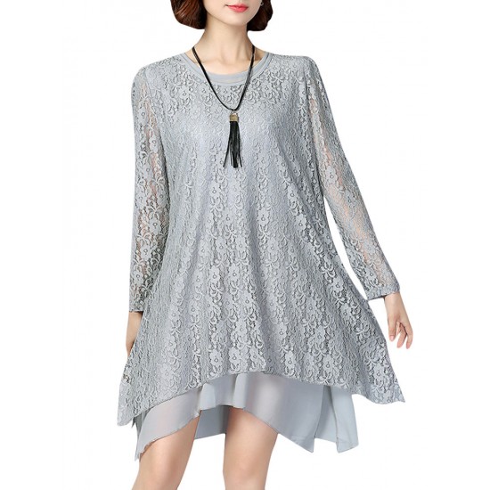 Elegant Long Sleeve O-Neck Lace Hollow Loose Women Dress