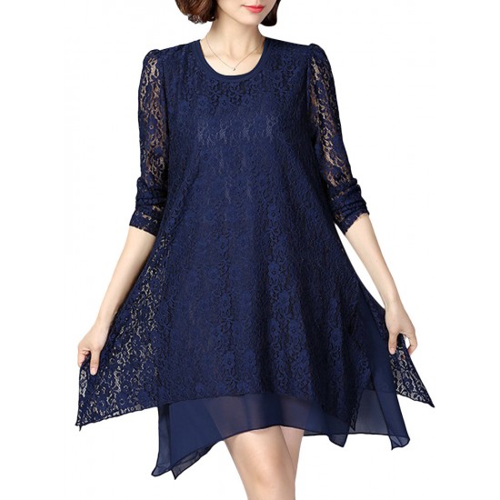 Elegant Long Sleeve O-Neck Lace Hollow Loose Women Dress