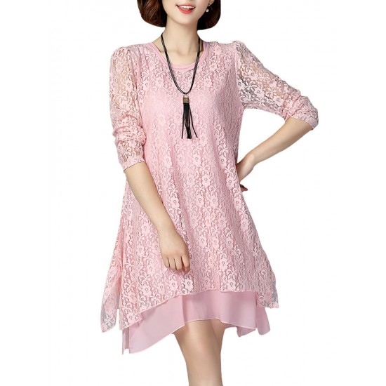 Elegant Long Sleeve O-Neck Lace Hollow Loose Women Dress