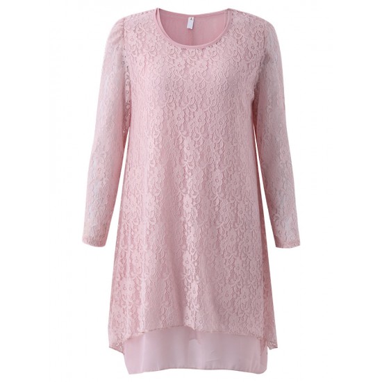 Elegant Long Sleeve O-Neck Lace Hollow Loose Women Dress