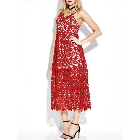Elegant Strap Lace Crochet Solid V Neck A-Line Party Dress