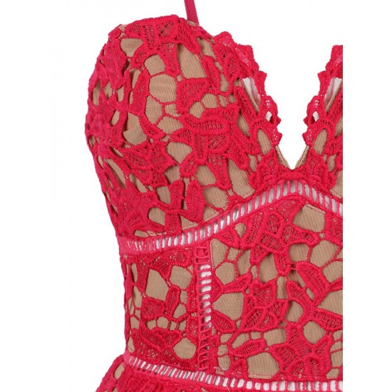 Elegant Strap Lace Crochet Solid V Neck A-Line Party Dress